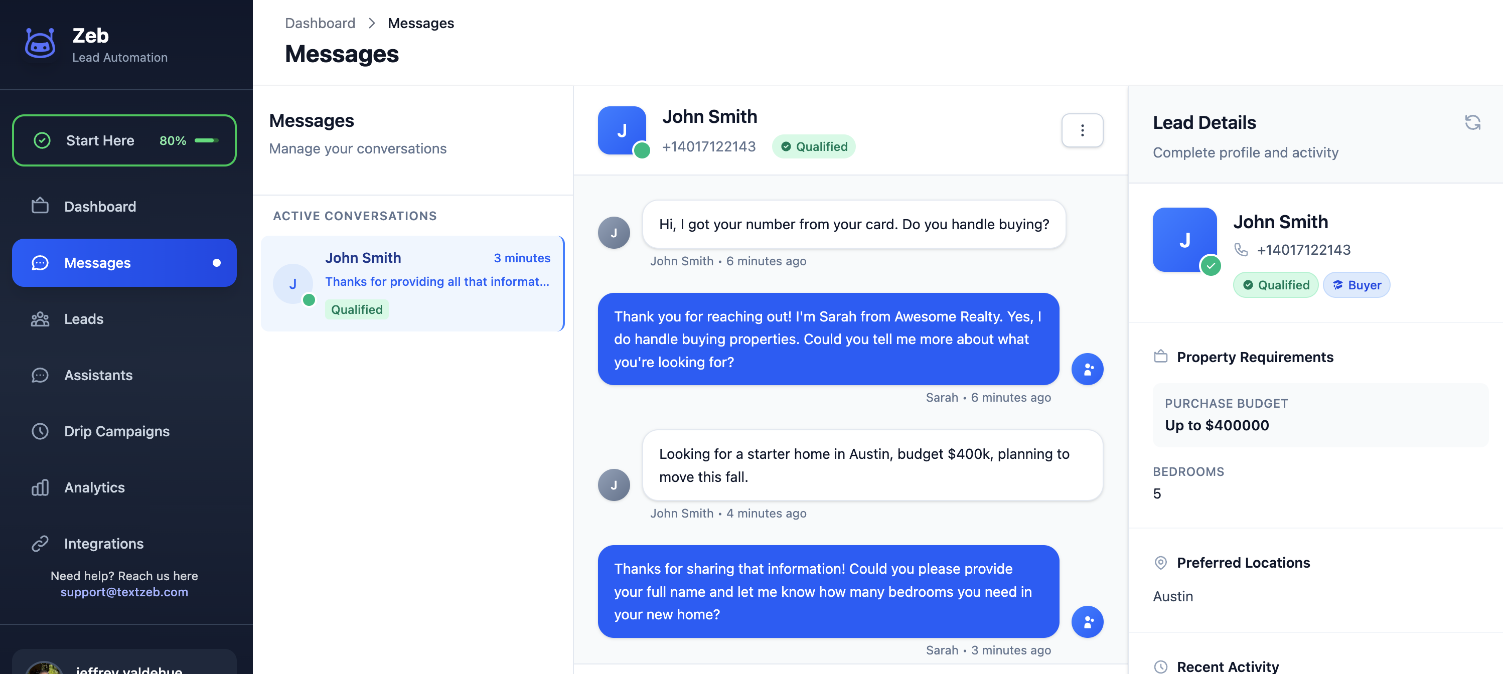 Zeb Message Dashboard showing AI conversations with leads - John Smith qualified buyer looking for starter home with $400k budget